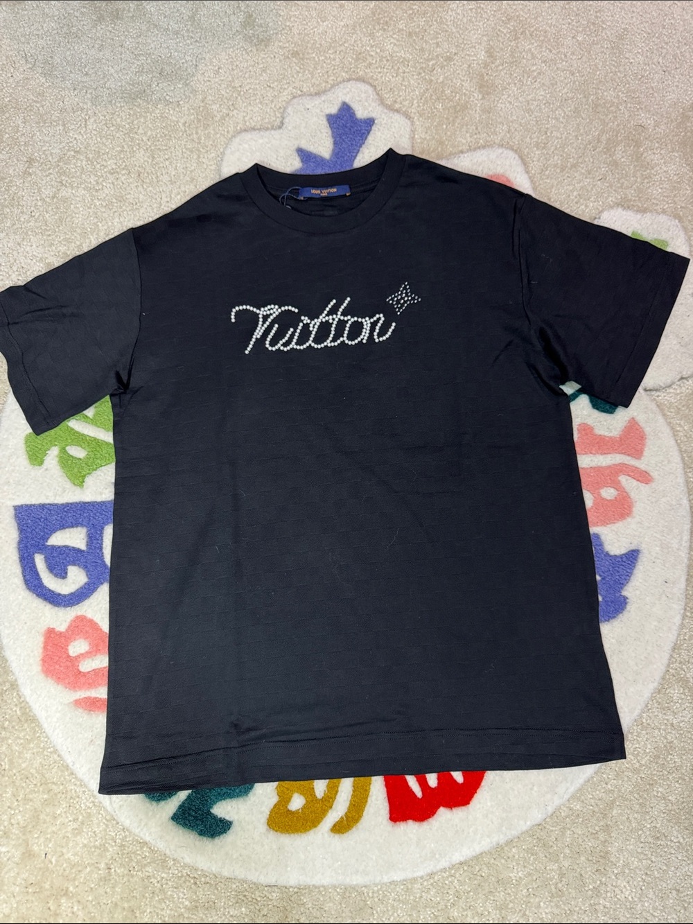 Louis Vuitton Black Tee with Crystal Script Logo